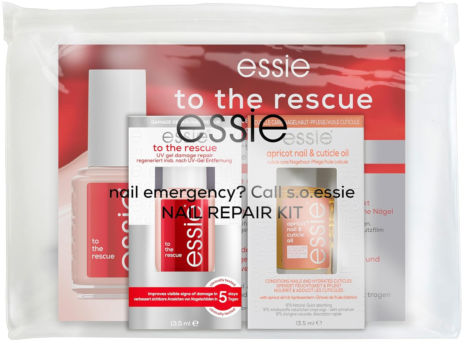 Essie Nail Rescue Kit: aceite para cutículas y uñas con aroma a albaricoque + esmalte de uñas reparador To the Rescue