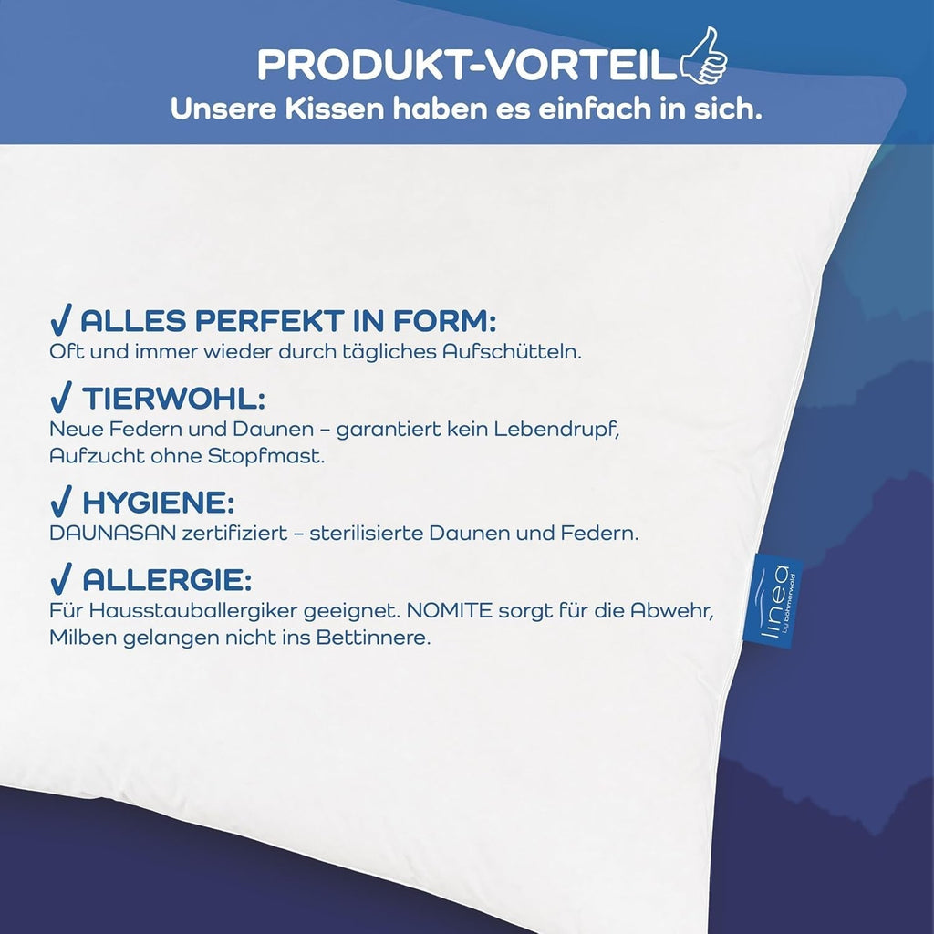 LINEA by Böhmerwald - Cosy - Pernă moale cu 3 camere, 80 X 80, Interior:100% pene, Camere exterioare:90% puf/10% pene, Potrivit pentru alergici, Lavabil până la 60°C, Produs în Germania Perne standard Naty Shop