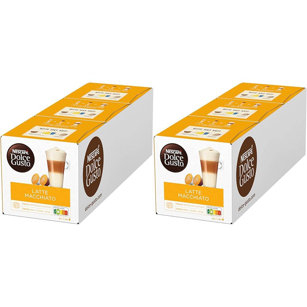 NESCAFÉ Dolce Gusto Latte Macchiato, 48 Kaffeekapseln, Aromatischer Espresso, 3-Schichten -Köstlichkeit aus feinem Milchschaum, Aromaversiegelte Kapseln, 6er Pack (3x16 Kapseln)