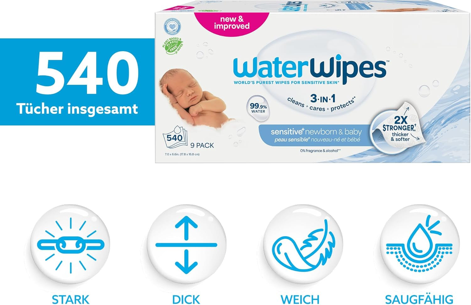 WaterWipes Sensitive+ Toallitas Húmedas para Recién Nacidos y Bebés, 540 Piezas (9 Paquetes), 3 en 1 Limpieza, Cuidado, Protección, 99,9% Agua, Sin Fragancia