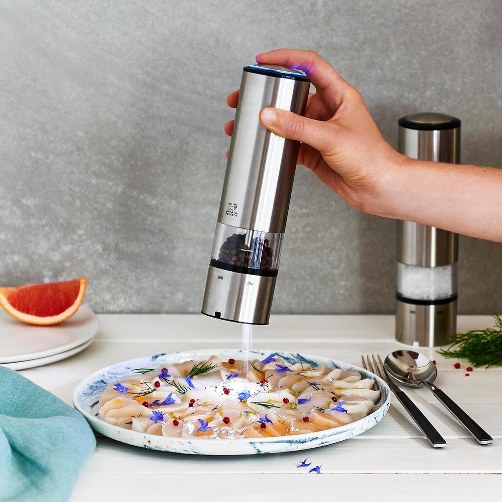 PEUGEOT Elis Sense set râșniță electrică piper/sare, înălțime: 20 cm, oțel inoxidabil, argintiu Rasnite si Feliatoare Naty Shop