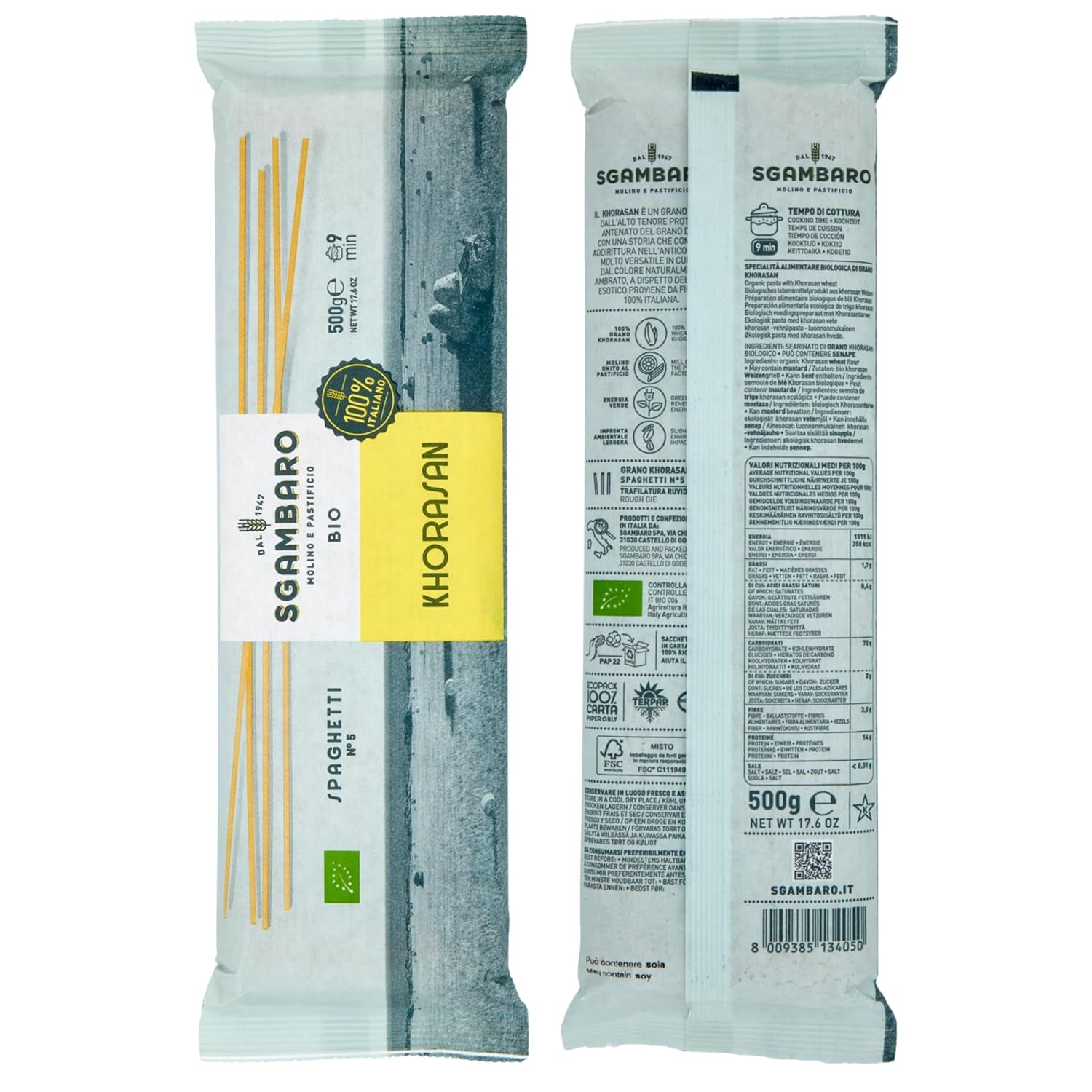 Pasta de espagueti ecológica núm. 5 - 500 g de trigo Khorasan – Trigo antiguo, rico en proteínas, 100% cultivado en Italia – Versátil en la cocina y rico en nutrientes