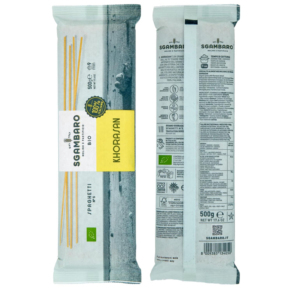 Pasta de espagueti ecológica núm. 5 - 500 g de trigo Khorasan – Trigo antiguo, rico en proteínas, 100% cultivado en Italia – Versátil en la cocina y rico en nutrientes