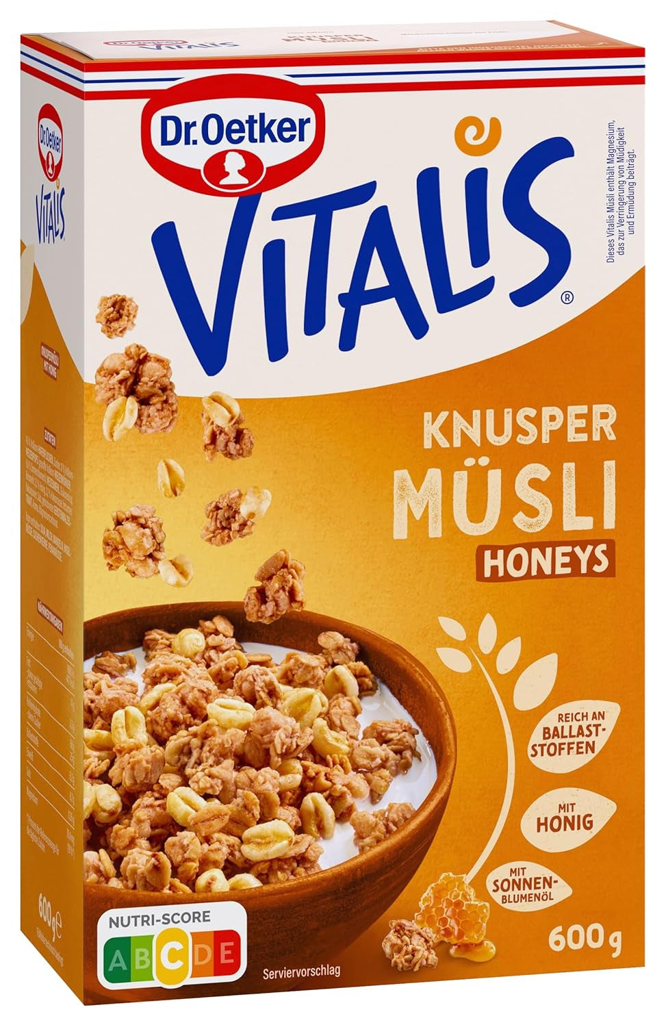 Dr. Oetker Vitalis Crunchy Honeys: Muesli crujiente con miel para desayunos y meriendas, paquete de 5 (5 x 600 g)