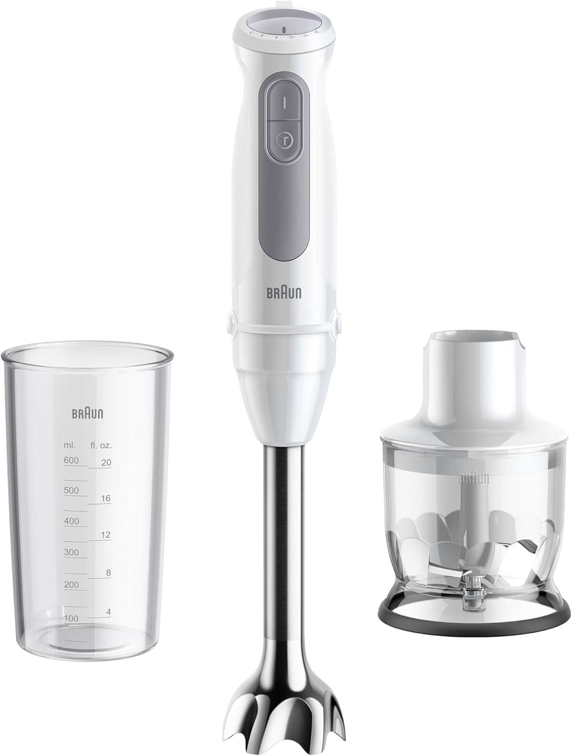 Braun Stabmixer MQ 5200WH - Multiquick 5 Vario Pürierstab Mit Edelstahl Mixfuß, 1000 Watt, Inkl. 600 Ml Mix- & Messbecher, Weiß/Grau Kitchen Naty Shop Versión 2024 - Edelstahlschaft