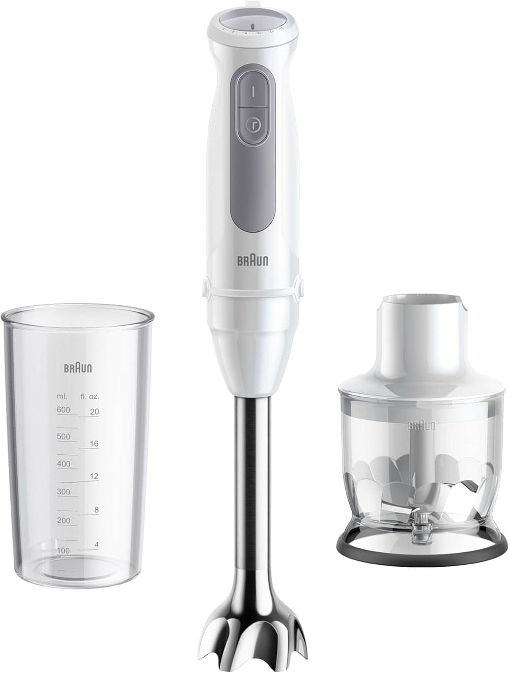 Braun Stabmixer MQ 5200WH - Multiquick 5 Vario Pürierstab Mit Edelstahl Mixfuß, 1000 Watt, Inkl. 600 Ml Mix- & Messbecher, Weiß/Grau Kitchen Naty Shop Versión 2024 - Edelstahlschaft