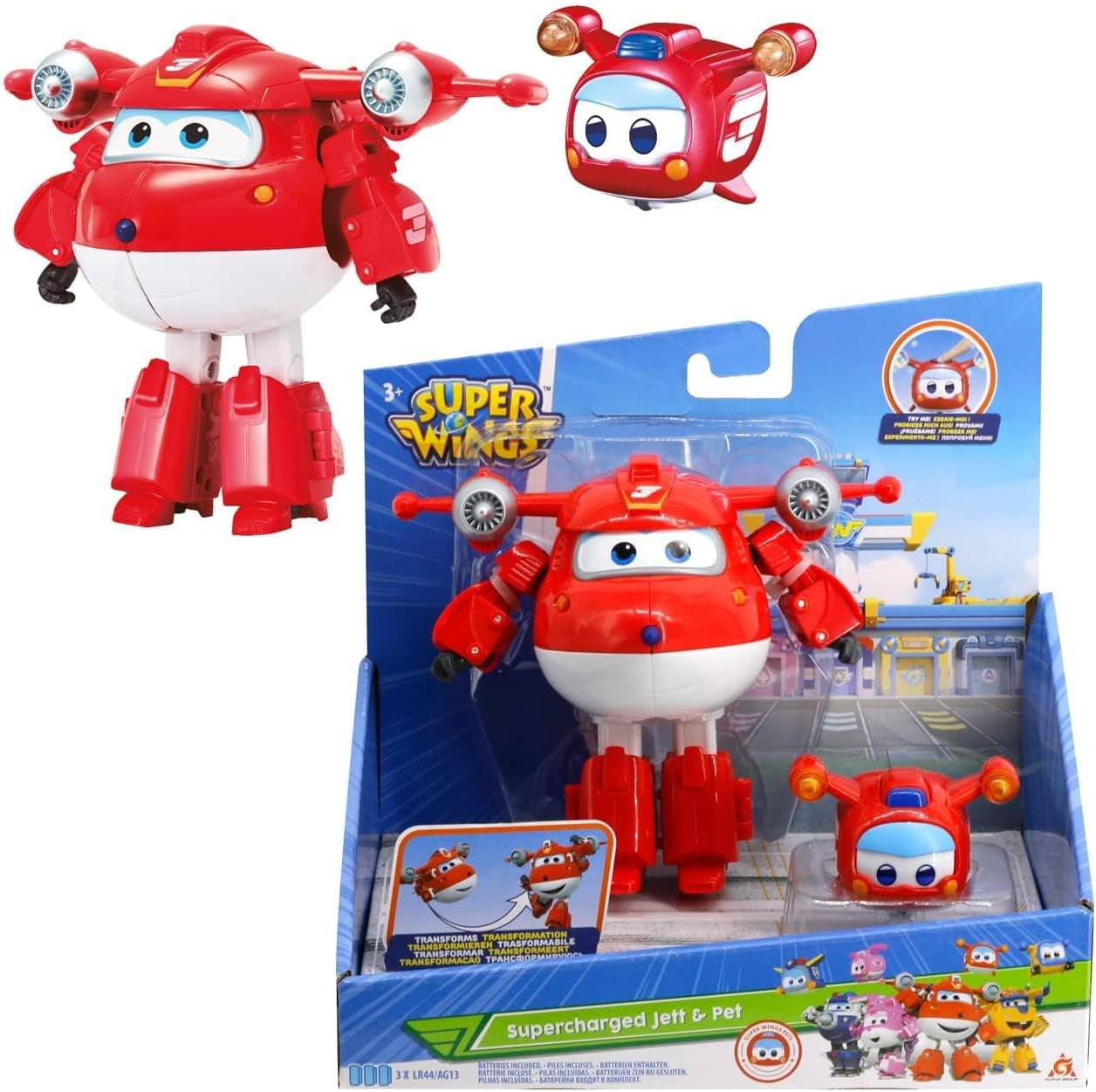 Super Wings EU770447 - Transforming Tino & Pet, figura de juguete transformable aprox. 14,5 cm y mascota con una altura de aprox. 4,3 cm, para niños mayores de 3 años Figuras de acción Naty Shop Jett Pet