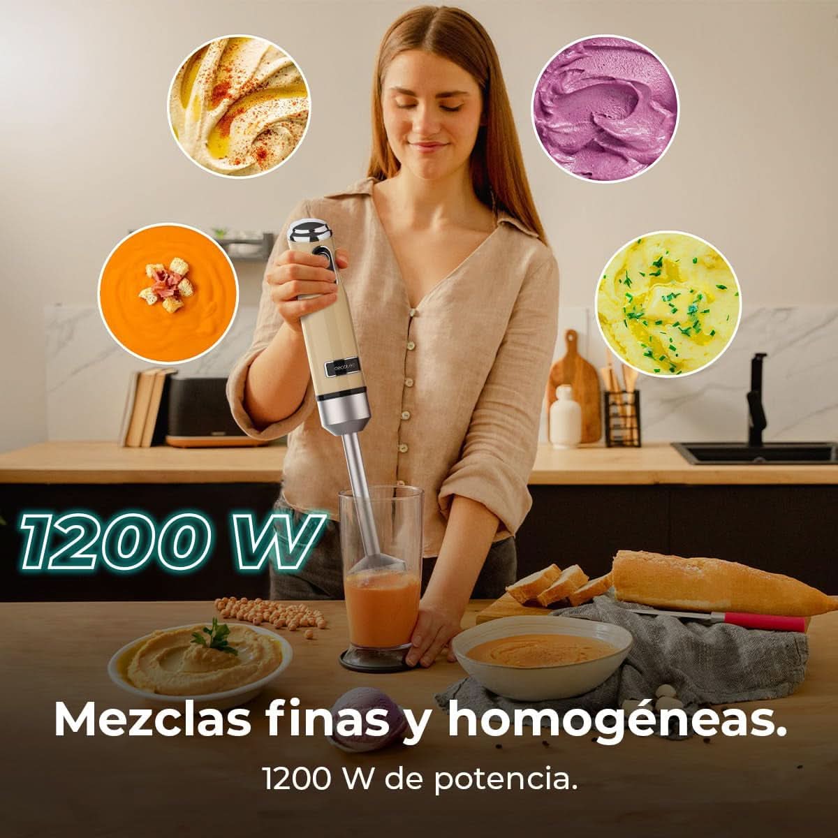 Cecotec Batidora de Mano Retro Power Retroamarillo 1200MAX. 1200W Maximale Leistung, 4-Klingen-Messer Mit Schwarzer Titanbeschichtung, 2 Geschwindigkeiten, 0.5L Becher, Vintage-Design Mother and Child Naty Shop