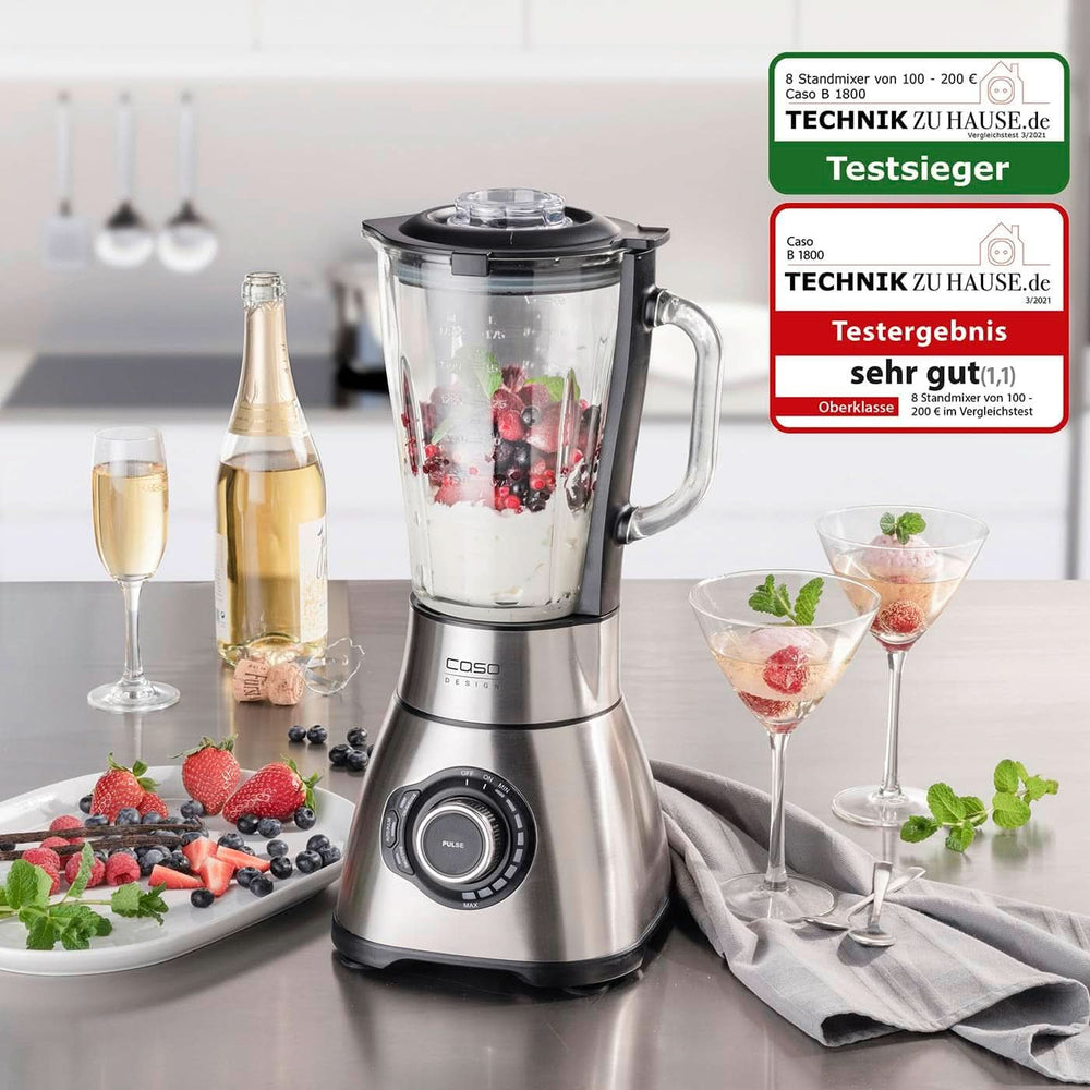 CASO B 1800 Powerblender-Set - Batidora con base, 28.000 U/Min, Vaso de vaso 1,75 L, Inkl. Trinkflasche Und Zerkleiner, Mezclador Testsieger Mit Sehr Gut, Edelstahl Naty Shop