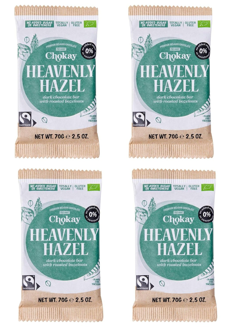 Barra orgánica - Juego de muestras de 4 piezas/Increíble negro, avellana, caramelo de nuez, almendra salada/Sin azúcar añadido, sin edulcorantes/VEGANO, SIN GLUTEN Y COMERCIO JUSTO / 4 x 70 g