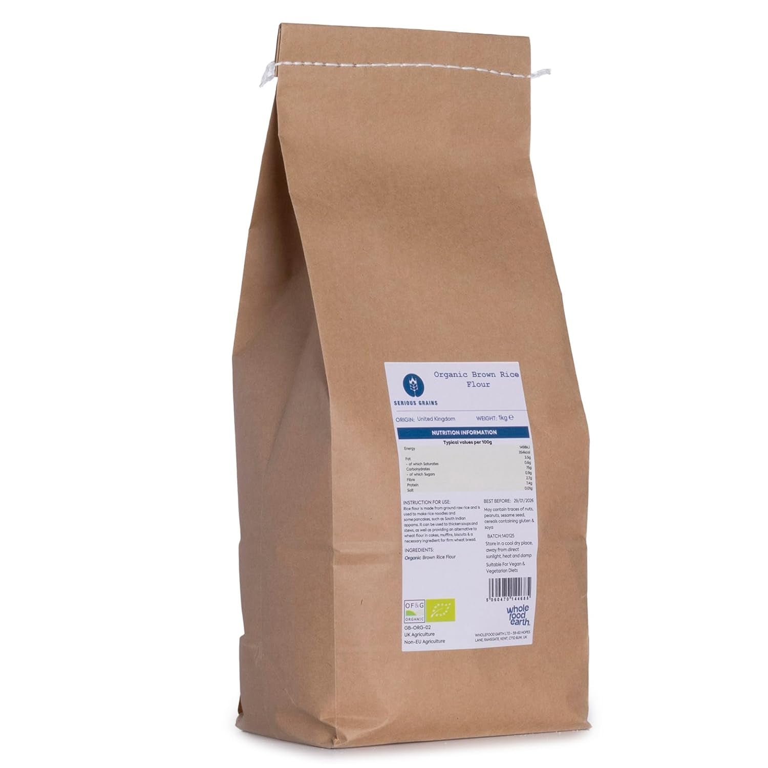 Harina de Arroz Integral Orgánica Wholefood Earth – 3 kg | Suelo de piedra | Sin OGM | Certificado orgánico