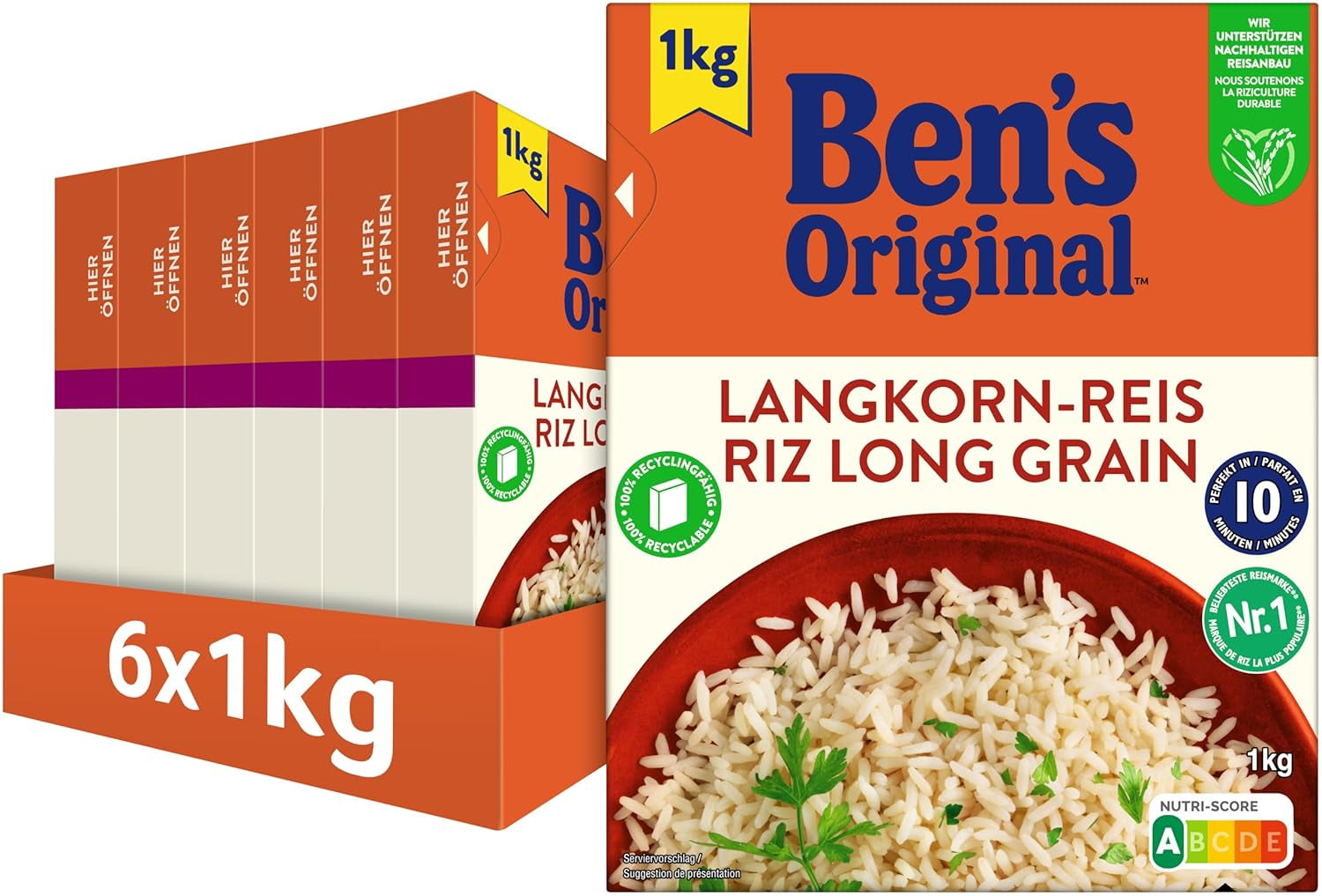 BEN'S ORIGINAL™ arroz de grano largo, hervido en bolsa, 10 minutos, 6 x 1 kg