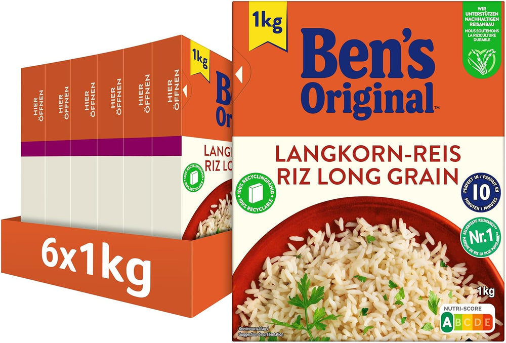 BEN'S ORIGINAL™ arroz de grano largo, hervido en bolsa, 10 minutos, 6 x 1 kg