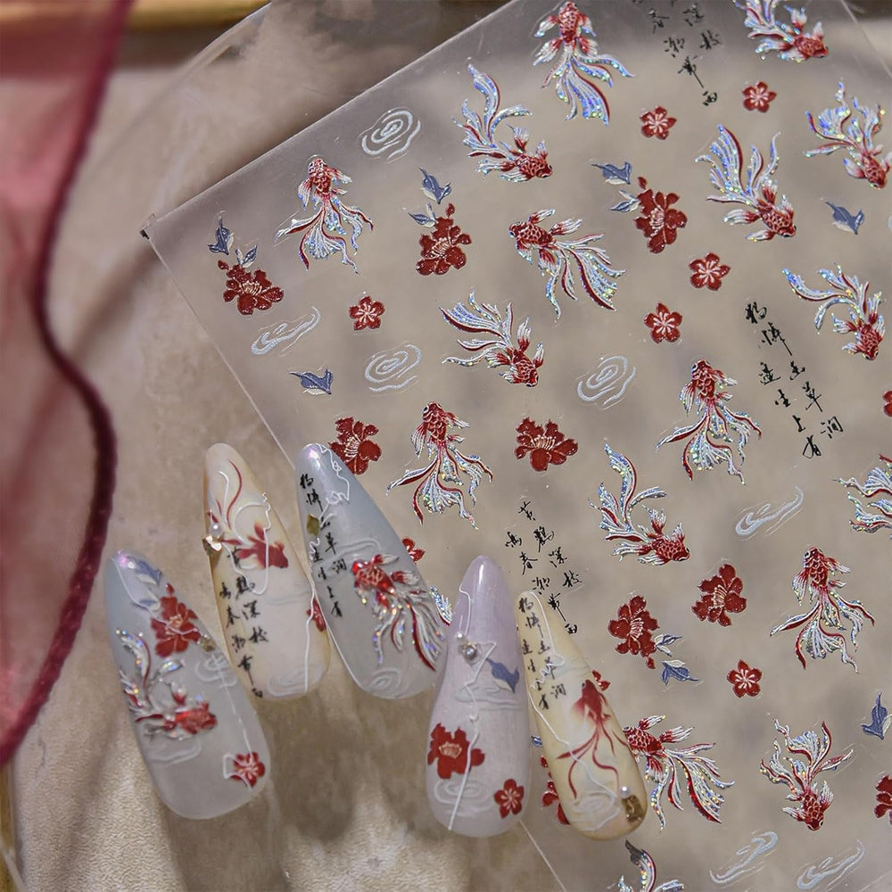 JMEOWIO 3D Nagelsticker Koi Fisch Nail Art Sticker Selbstklebend Nagelaufkleber 5D Stereoskopisch Dekoration Nageldesign Zubehör 1 Blatt