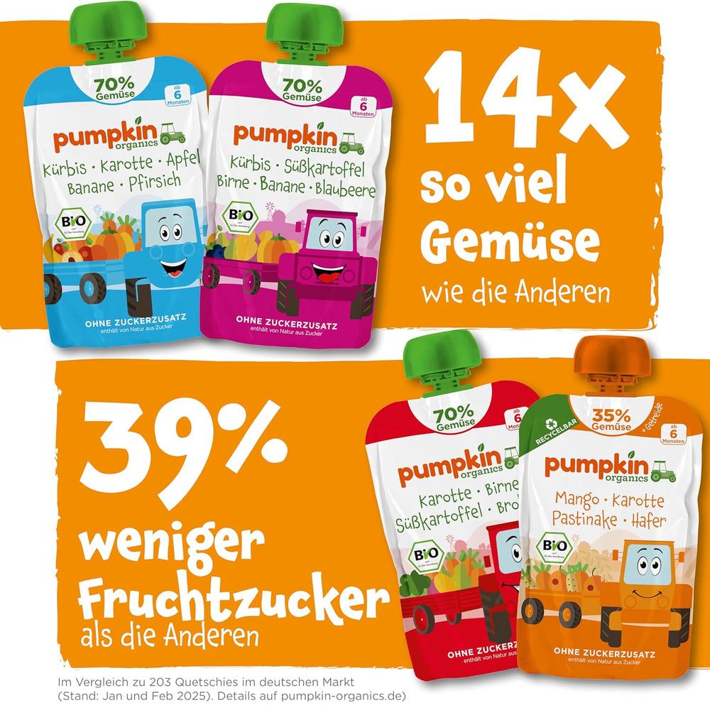 Pumpkin Organics bolsas de verduras y cereales ecológicos, pack de 8: Pera, Fresas, Boniatos, Remolacha, Plátano, Avena - Sin azúcares añadidos¹ - A partir de 6 meses - como snack o alimento complementario en el paquete (8 x 100g)