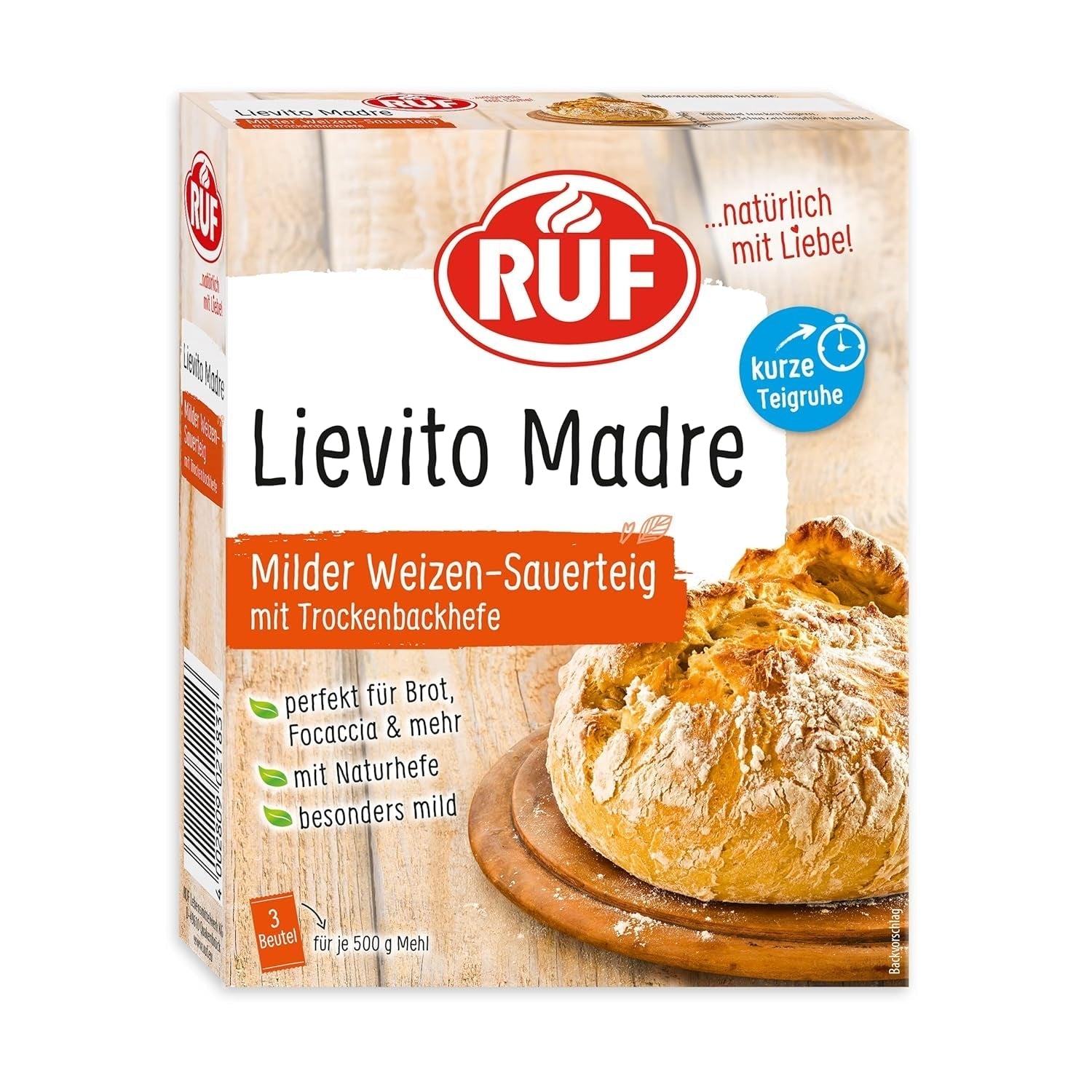 RUF Lievito Madre Sauerteig, Milder Weizen-Sauerteig, Mutterteig, Kurze Teigruhe Durch Enthaltene Trockenhefe, Lievito Madre Getrocknet Für Brot, Baguette, Focaccia, 3X35G Mezcla para hornear y cocinar Naty Shop 35 G (3Er Pack) Kurze Teigruhe