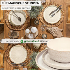 SÄNGER Key West | Set de veselă din gresie, 24 de piese, set de farfurii pentru 6 persoane, 6 farfurii de cină, boluri pentru cereale, farfurii pentru desert, boluri pentru paste, veselă de culoare crem cu textură nisipoasă | COLECȚIA VALUE