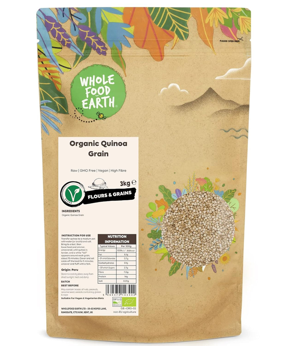 Granos de quinua orgánicos Wholefood Earth – 2 kg | Crueles | Sin OGM | Vegano | Rico en fibra | Certificado orgánico