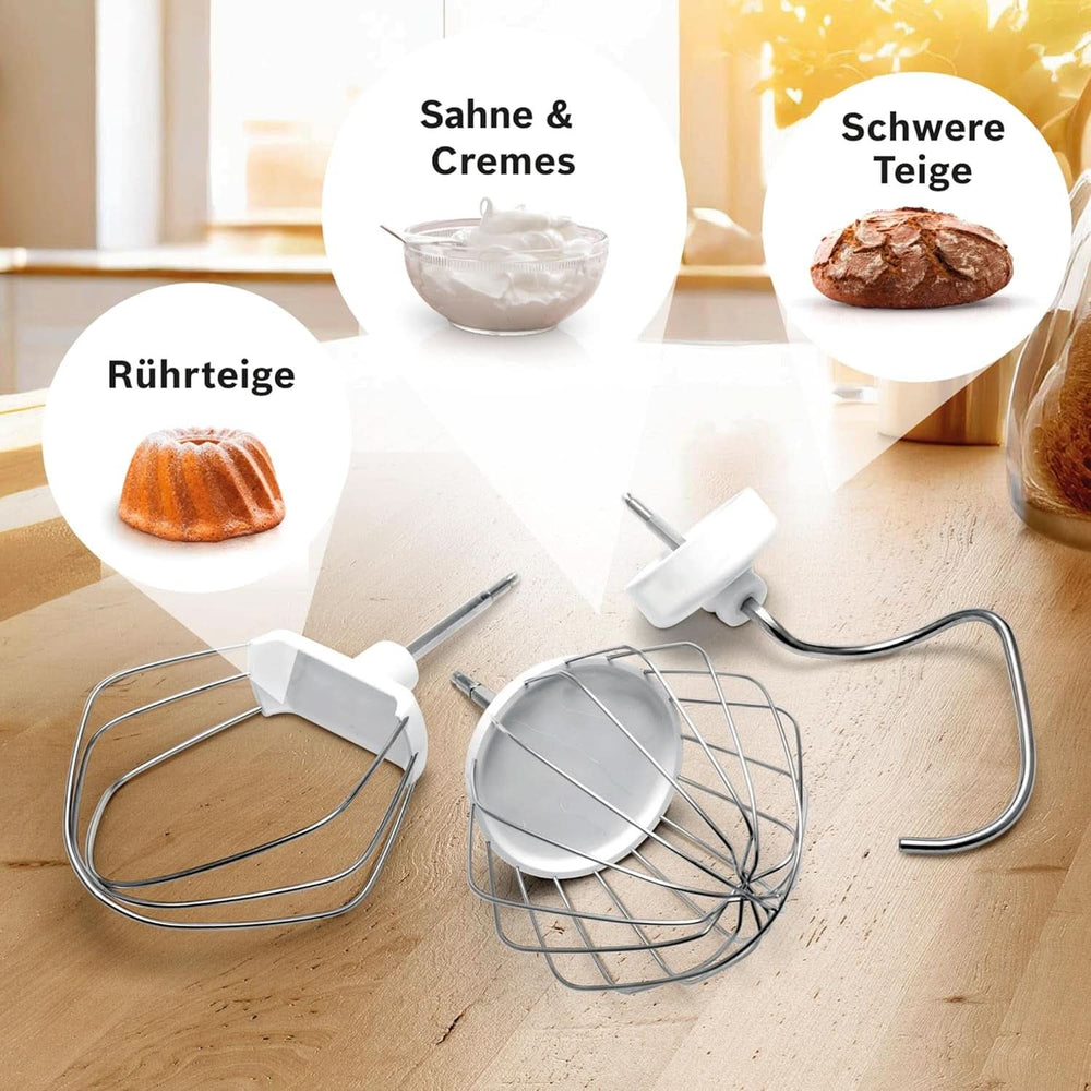 Bosch Küchenmaschine Serie 2 MUMS2EW00, Edelstahl-Schüssel 3,8 L, Planetenrührwerk, Knethaken, Schlag-, Rührbesen Edelstahl, 4 Arbeitsstufen, Durch Optionales Zubehör Erweiterbar, 700W, Weiß Bucatarie Naty Shop