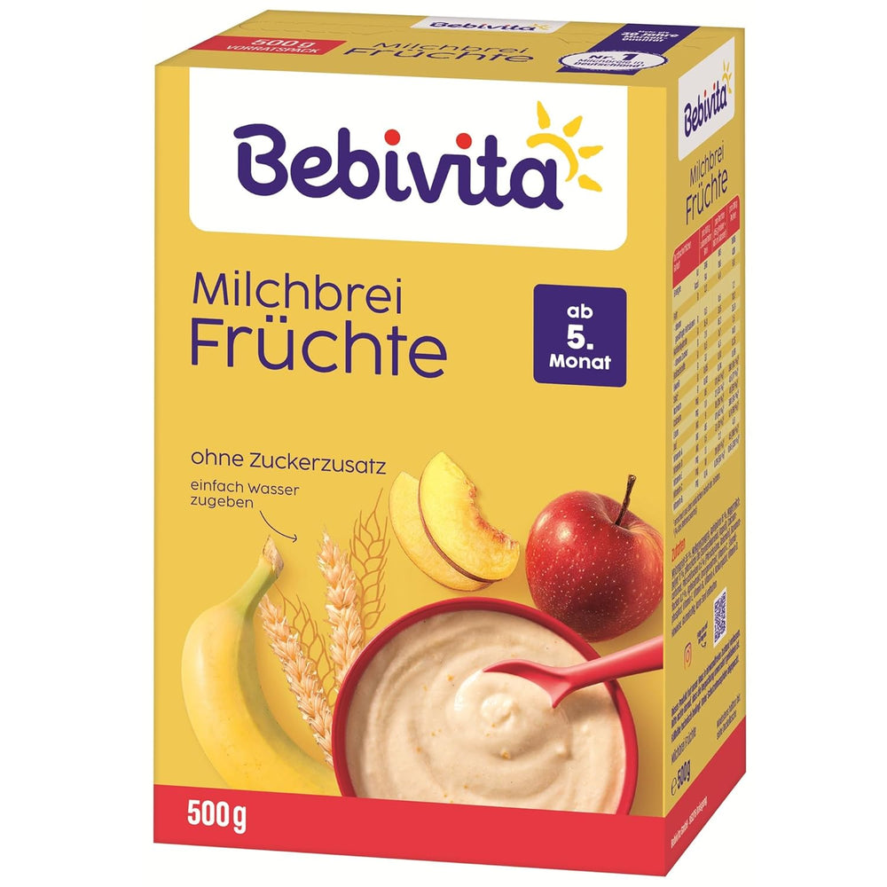 Papilla de leche con frutas (4x500g), a partir de 5 meses, sin azúcares añadidos, con valiosos minerales y vitaminas, muy saciante