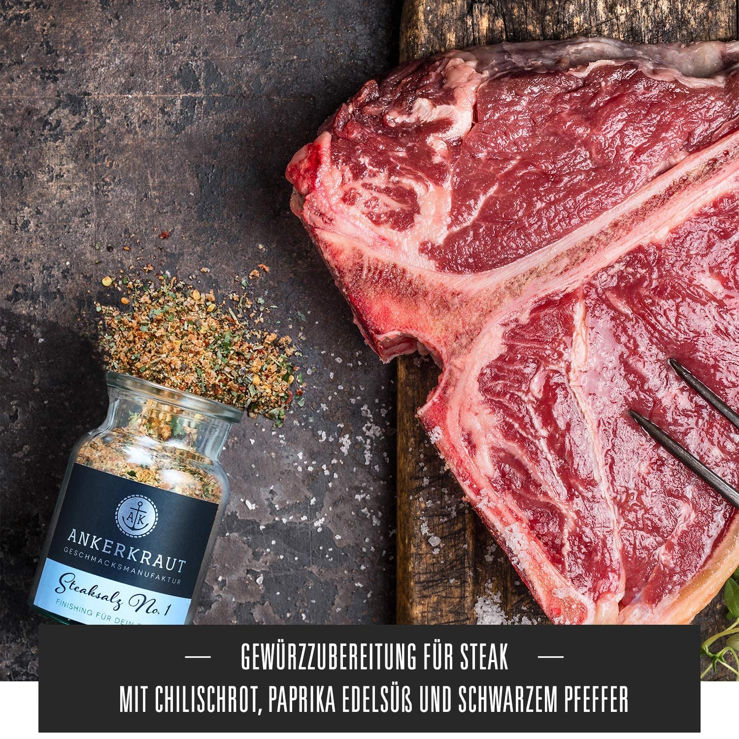 Ankerkraut Steaksalz No. 1, das perfekte Finisher- und Steakhouse-Salz, 80 g en Korkenglas
