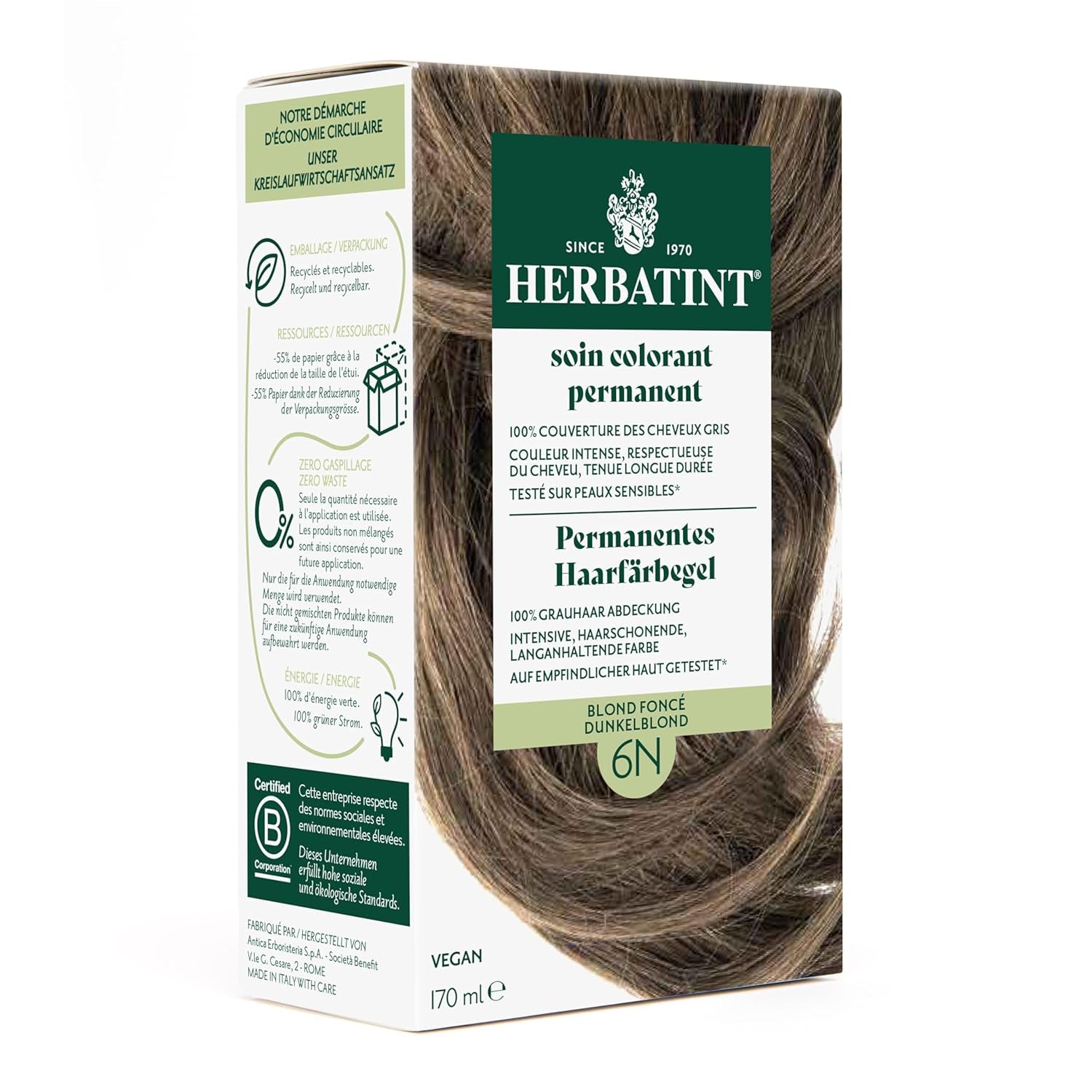 Gel pentru vopsirea permanentă a părului 6N blond închis - 170 ml I Fără amoniac, acoperire 100% a părului gri I Testat pe piele sensibilă, cu 8 extracte de plante Vopsea pentru par Naty Shop 6N Blond închis