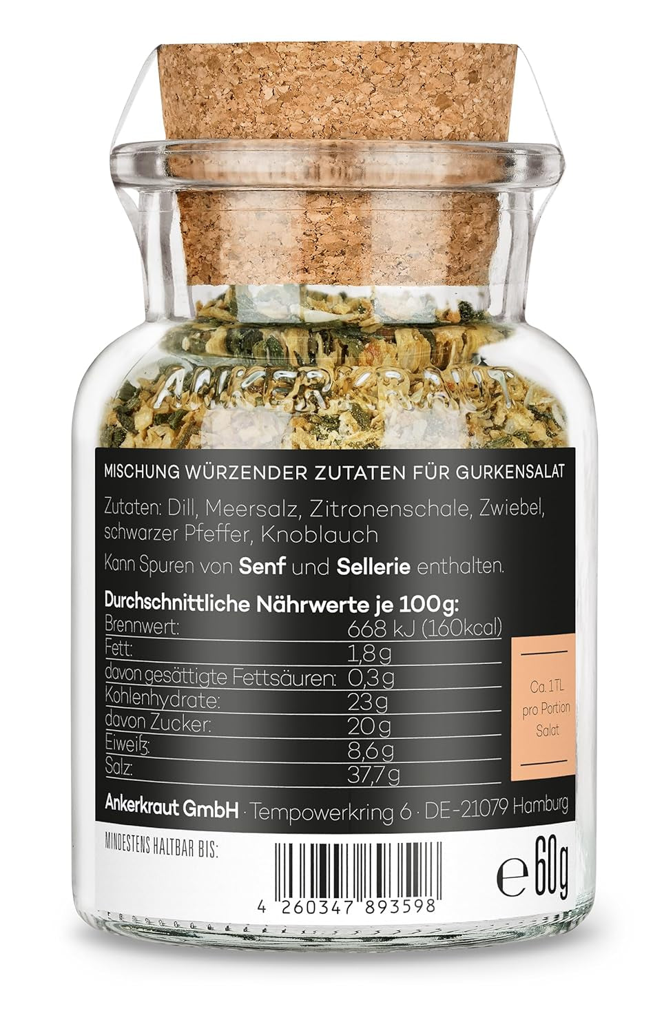 Ankerkraut Gurkensalat, 60 g en vaso de corcho, Würze Gherken-Salat Ganz Einfach, Zuckerfrei und Ohne Gesmackverstärker, Mischung würzender Ingredient für Salat