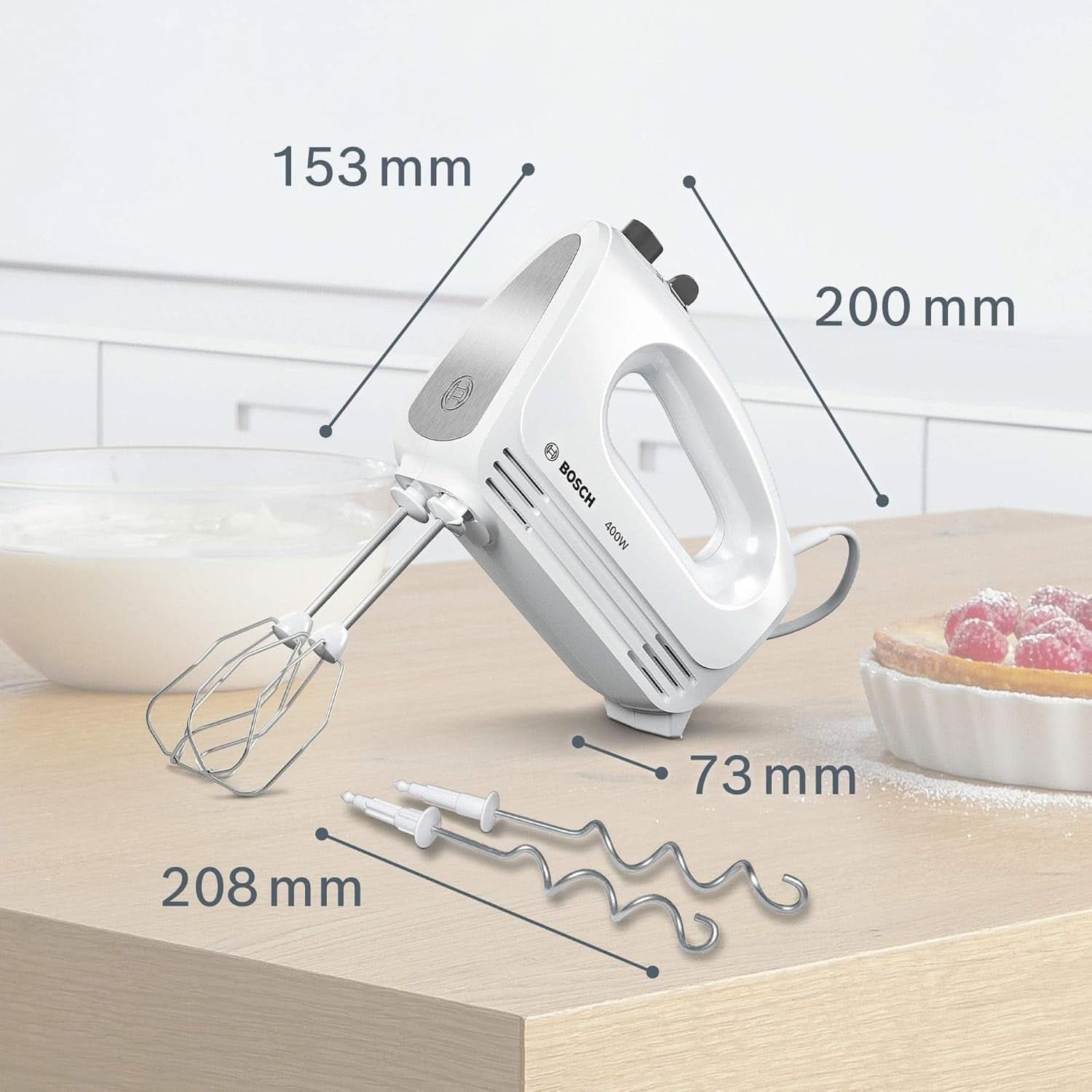 Bosch Hausgeräte Handrührer Clevermixx MFQ24200, 2 Rührbesen, 2 Spülmaschinengeeignet, 4 Stufen, Leicht, Leise, 400 W Weiß/Edelstahl Cocina Naty Shop