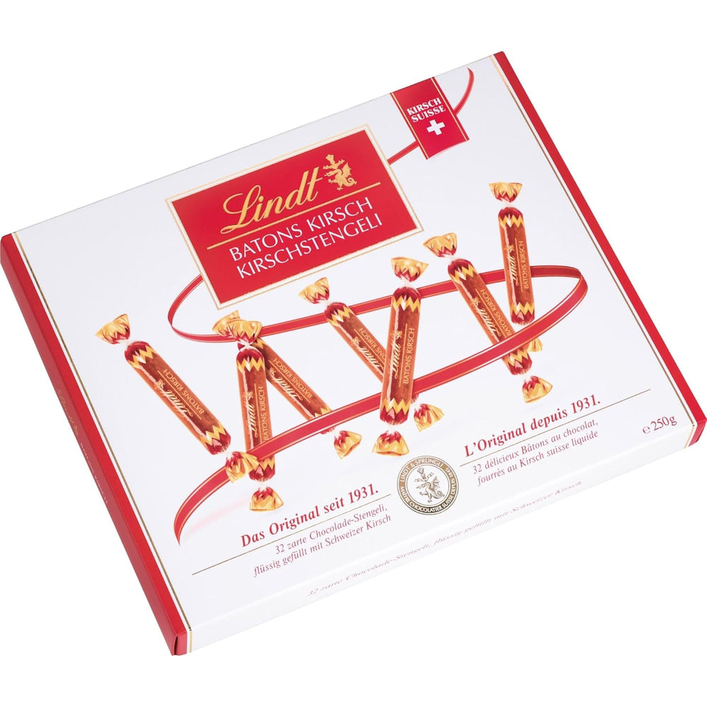 Barras de chocolate Lindt con tallos de cereza | 250 g 32 barras de chocolate con leche rellenas de líquido con cereza suiza | Regalo de chocolate con alcohol | regalo de chocolate