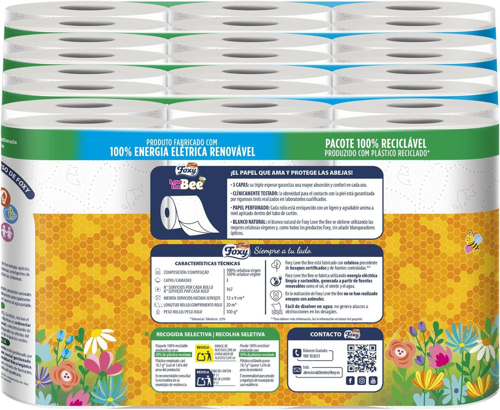 Love the Bee | Hârtie igienică cu 3 straturi | 48 role | 167 servicii pe rolă | Certificată Fsc | Energie electrică 100% regenerabilă | Ambalaj reciclabil fabricat din plastic reciclat