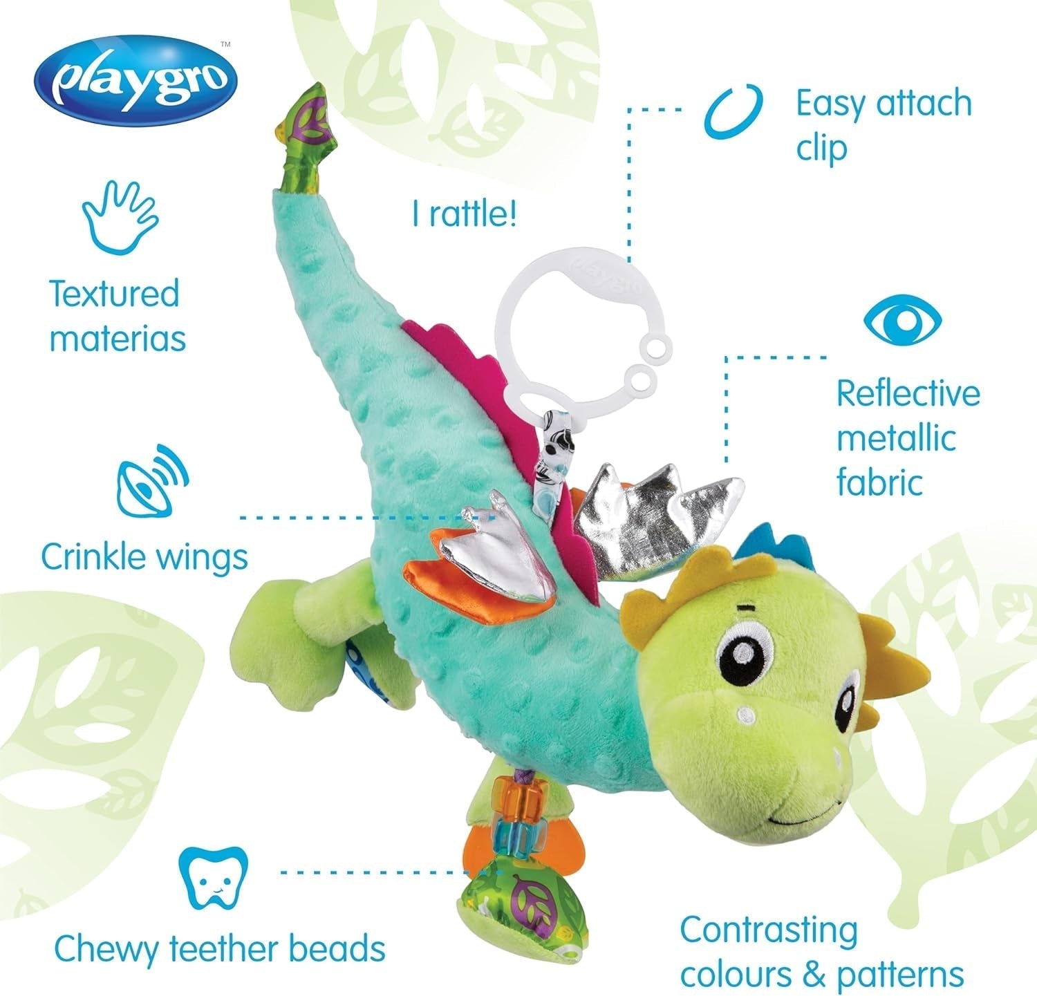 Playgro Sensory Friend, Dragon Dusty - jucărie pentru copii - abilități motorii - senzoriale pentru copii - zornăitor pentru copii - abilități motorii pentru copii - jucărie pentru copii - colorată Jucarii Bebe Naty Shop