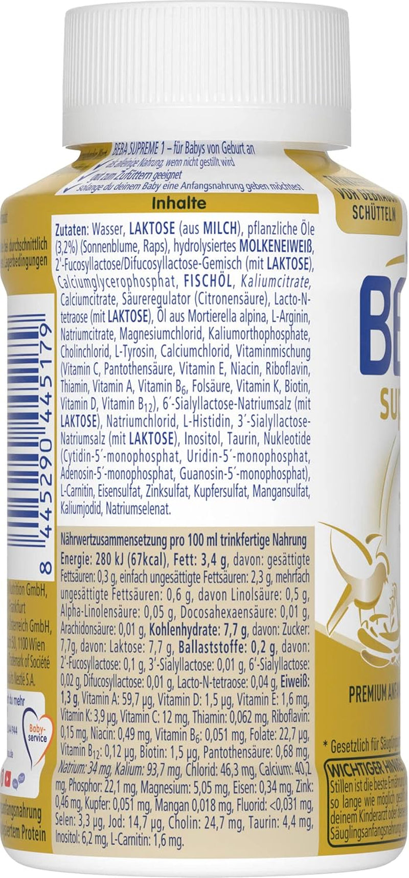 BEBA Nestlé BEBA SUPREME 1 Fórmula infantil: Biberones listos para beber con Omega 3, 1 paquete (1 x 200 ml)