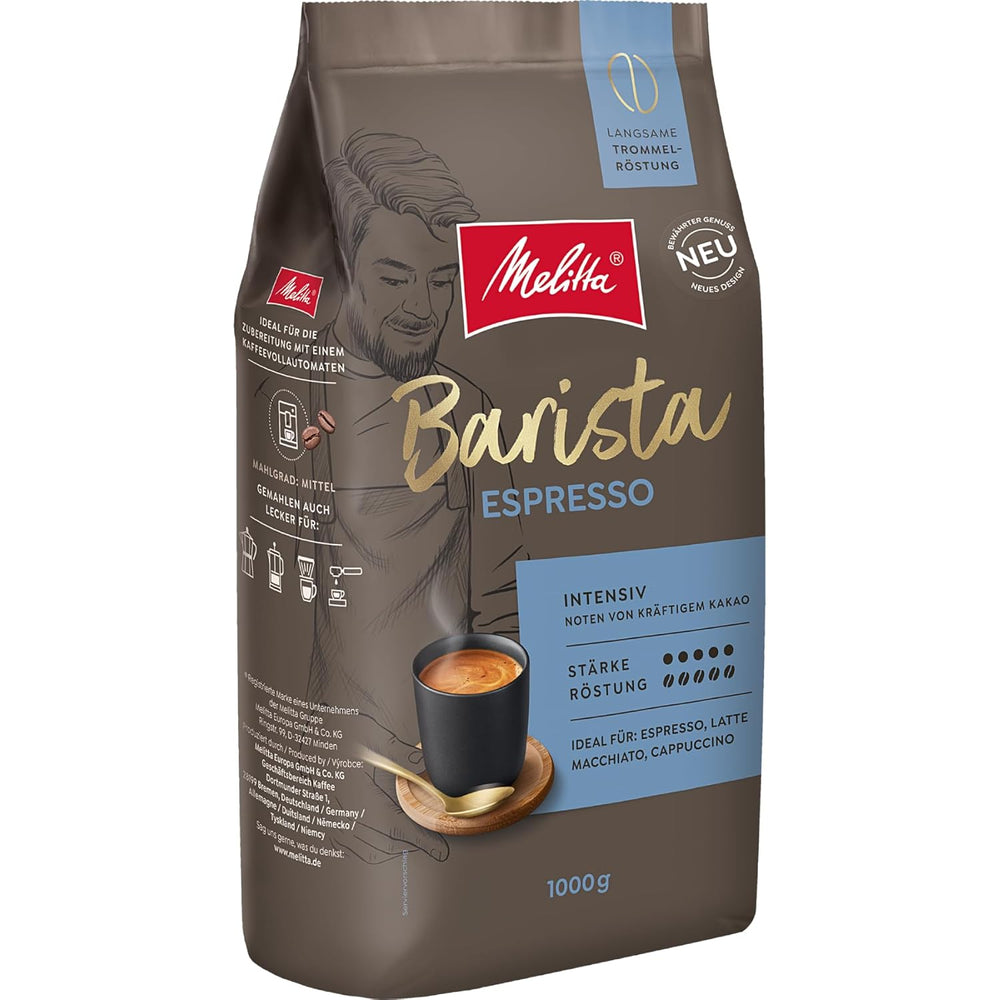 Melitta Barista Classic Espresso, Ganze Kaffee-Bohnen 1kg, ungemahlen, Kaffeebohnen für Kaffee-Vollautomat, kräftige Röstung, Stärke 5, (Verpackung kann variieren)