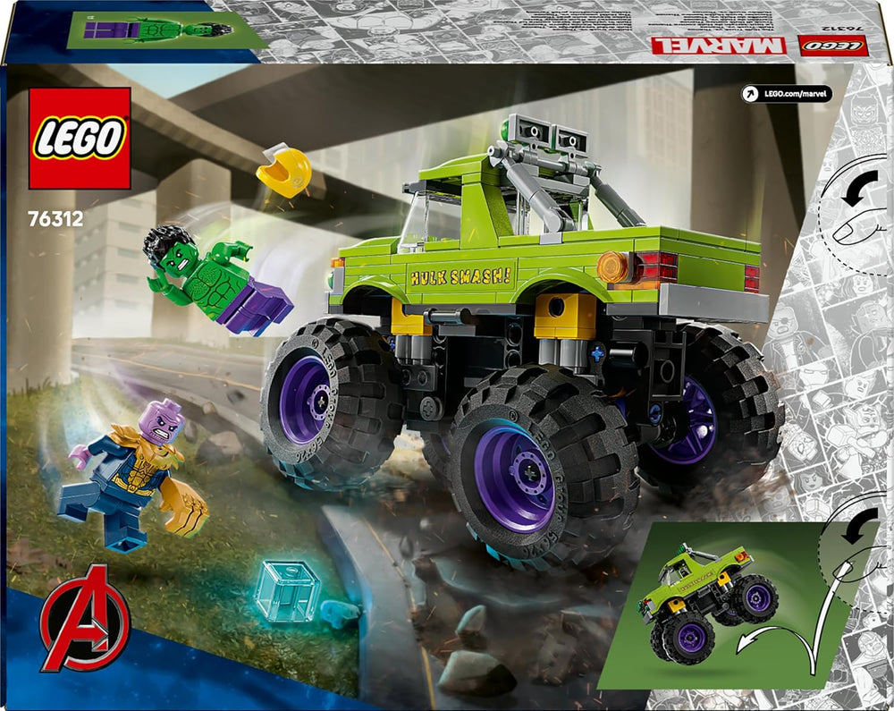 LEGO ǀ Marvel Camión Hulk Vs. Thanos - Kreatives Superhelden Spielzeug - Avengers Fahrzeug und Minifiguren - Monstertruck für Spielspaß - Geschenk für Jungen und Mädchen ab 7 Jahren - 76312