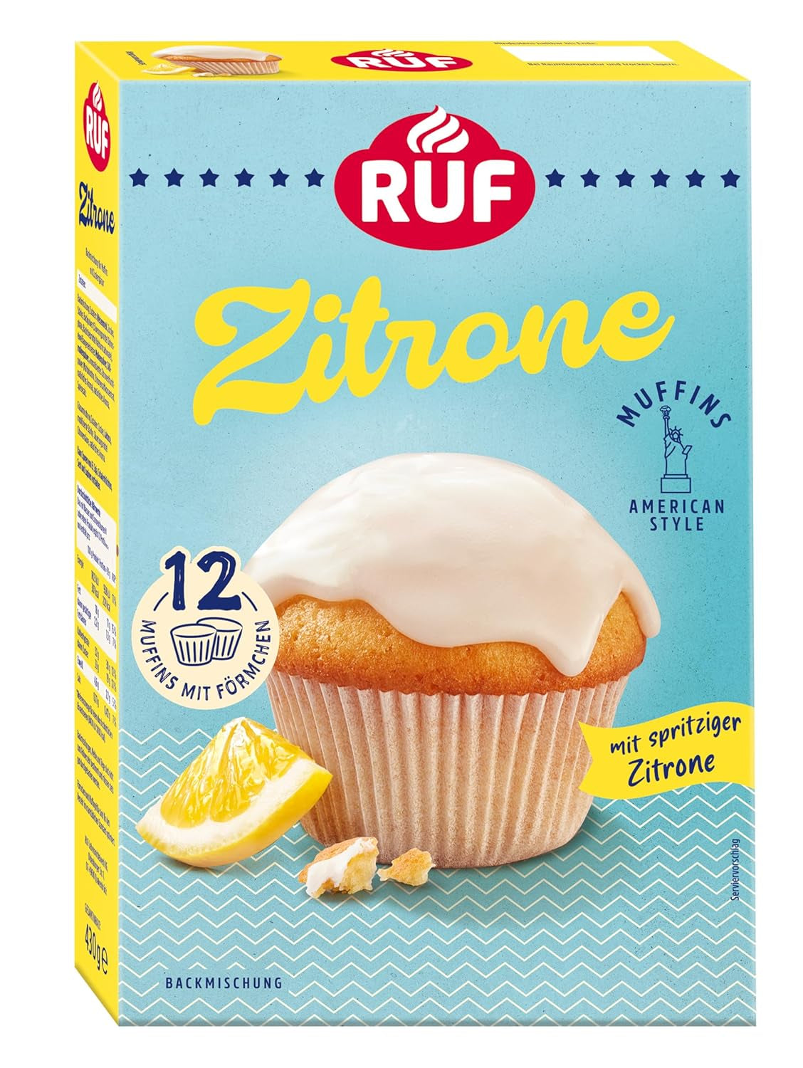 RUF Cheesecake-Muffins Backmischung, American Style Muffins Mit Cremiger Füllung, Einfache Zubereitung, 12 Muffin-Förmchen Inklusive Naty Shop Zitrone 430 G (paquete 1)