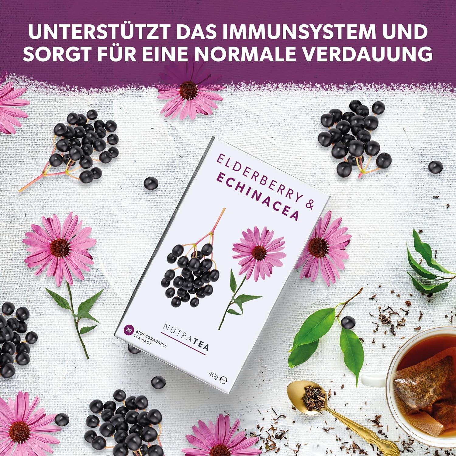 Nutra Tea Fructe de soc și echinaceea, ceai pentru imunitate și răceli, ceai pentru susținerea sistemului imunitar, pentru combaterea răcelilor, 20 pliculețe de ceai reutilizabile, ceai natural din plante