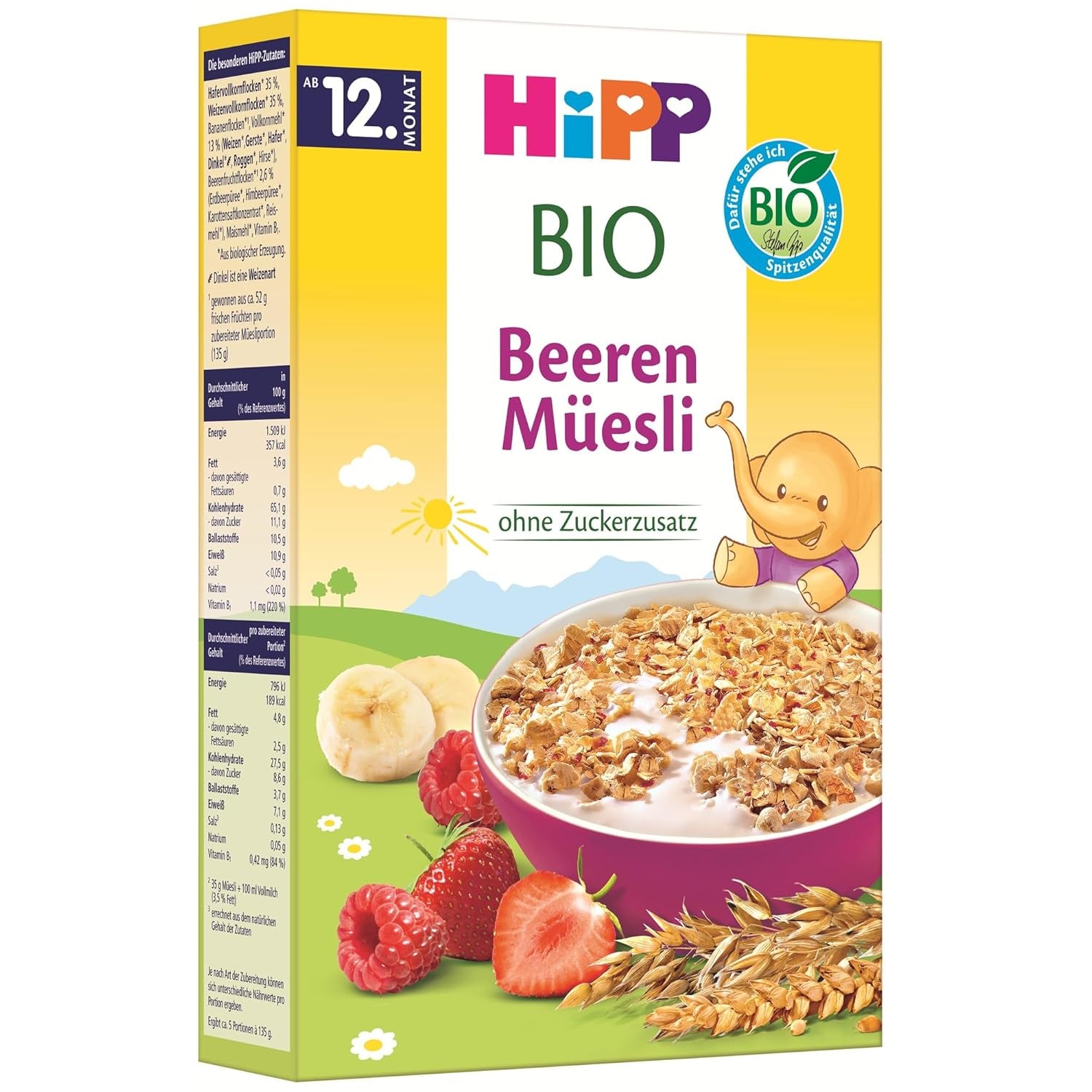 HiPP Bio Beeren-Müesli (8 x 200 g), ab 12. Monat, ohne Zuckerzusatz, besonders fine Stückchen - leicht zu Chechen, in bester Bio-Qualität