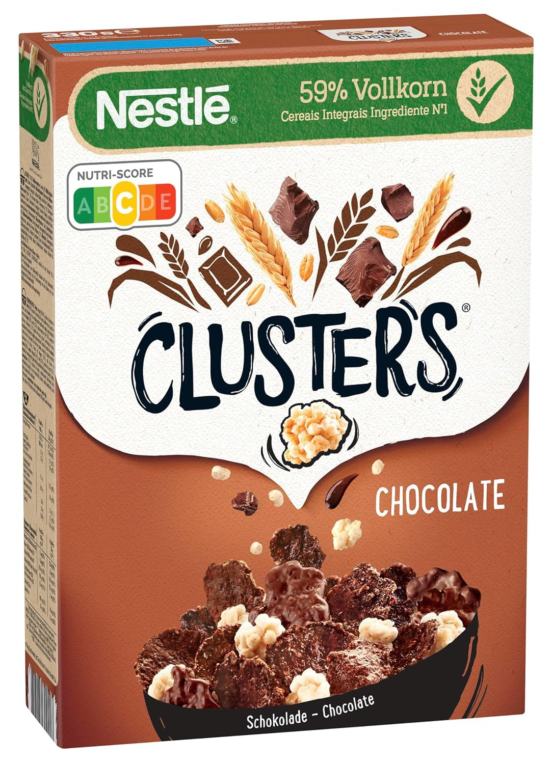 Nestlé CLUSTERS Chocolate, Cereal elaborado con 59% de cereales integrales, con chocolate y almendras, contiene vitaminas, calcio y hierro, 1 paquete (1 x 330g)