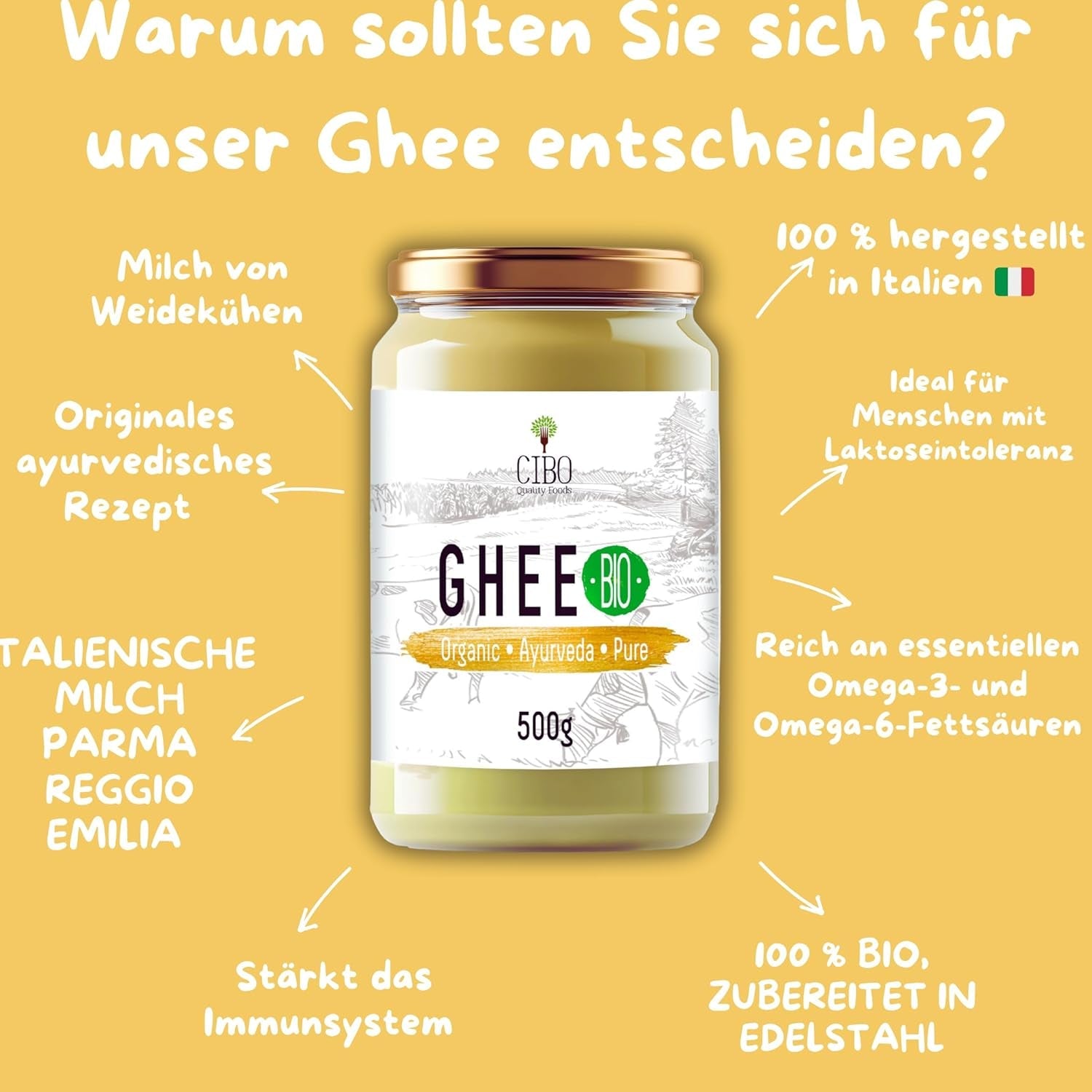 Cibo Bio Ghee 500g – Milch aus Parma & Reggio Emilia – Hergestellt in Italien – Weidekühe – Rauchpunkt 250°C – Aus Zentrifugensahne