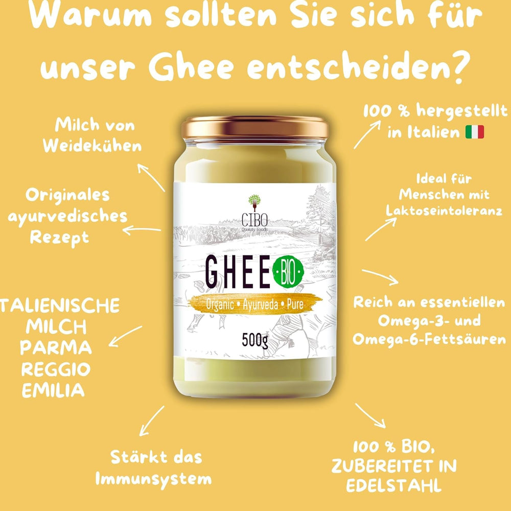 Cibo Bio Ghee 500g – Milch aus Parma & Reggio Emilia – Hergestellt in Italien – Weidekühe – Rauchpunkt 250°C – Aus Zentrifugensahne