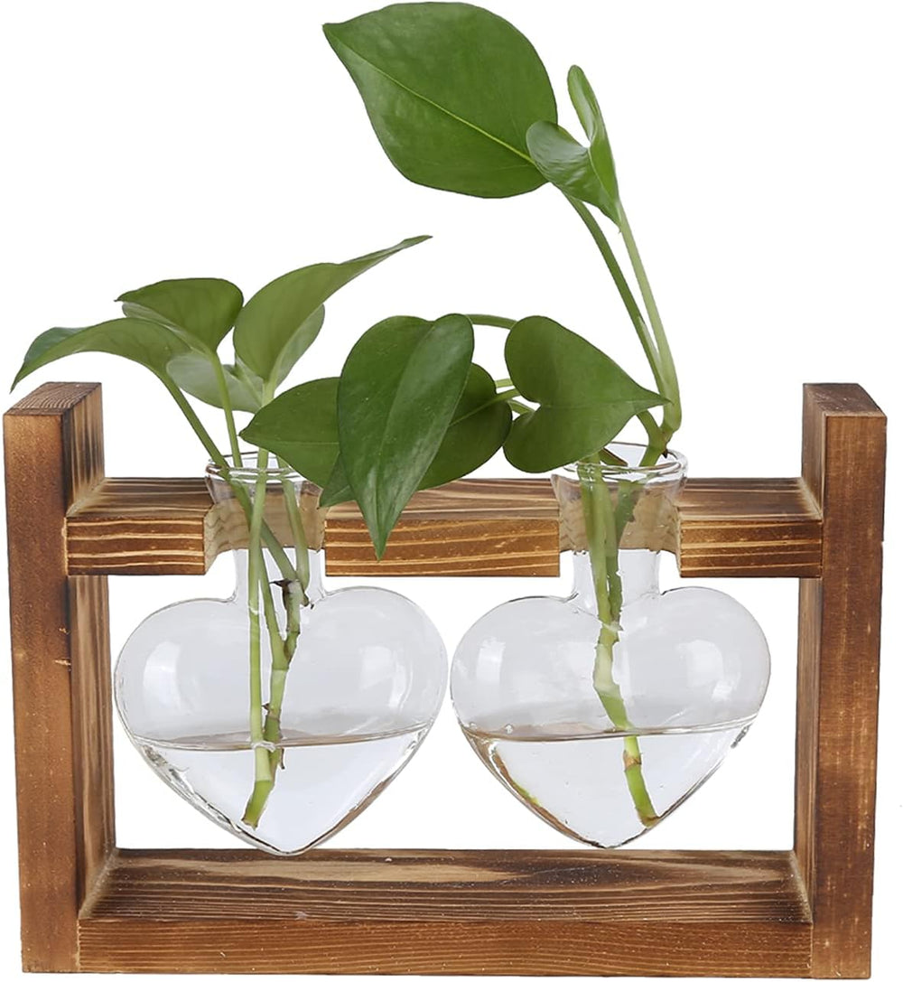 Terrario de plantas con soporte de madera, jarrón de mesa en forma de corazón, plantas hidropónicas de vidrio transparente para decoración del jardín del hogar, decoración de flores hidropónicas para oficina, sala de estar, cocina (A)