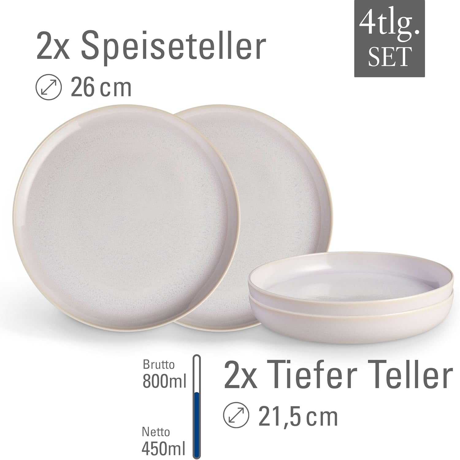 like. by Villeroy & Boch – Crafted Cotton Dinner-Set 4 teilig Weiß, Spülmaschinenfest, Mikrowellensicher, Geschirrset, Tafelservice Modern, Speiseteller, Tiefe Teller, Pottery-Look, Premium Porzellan