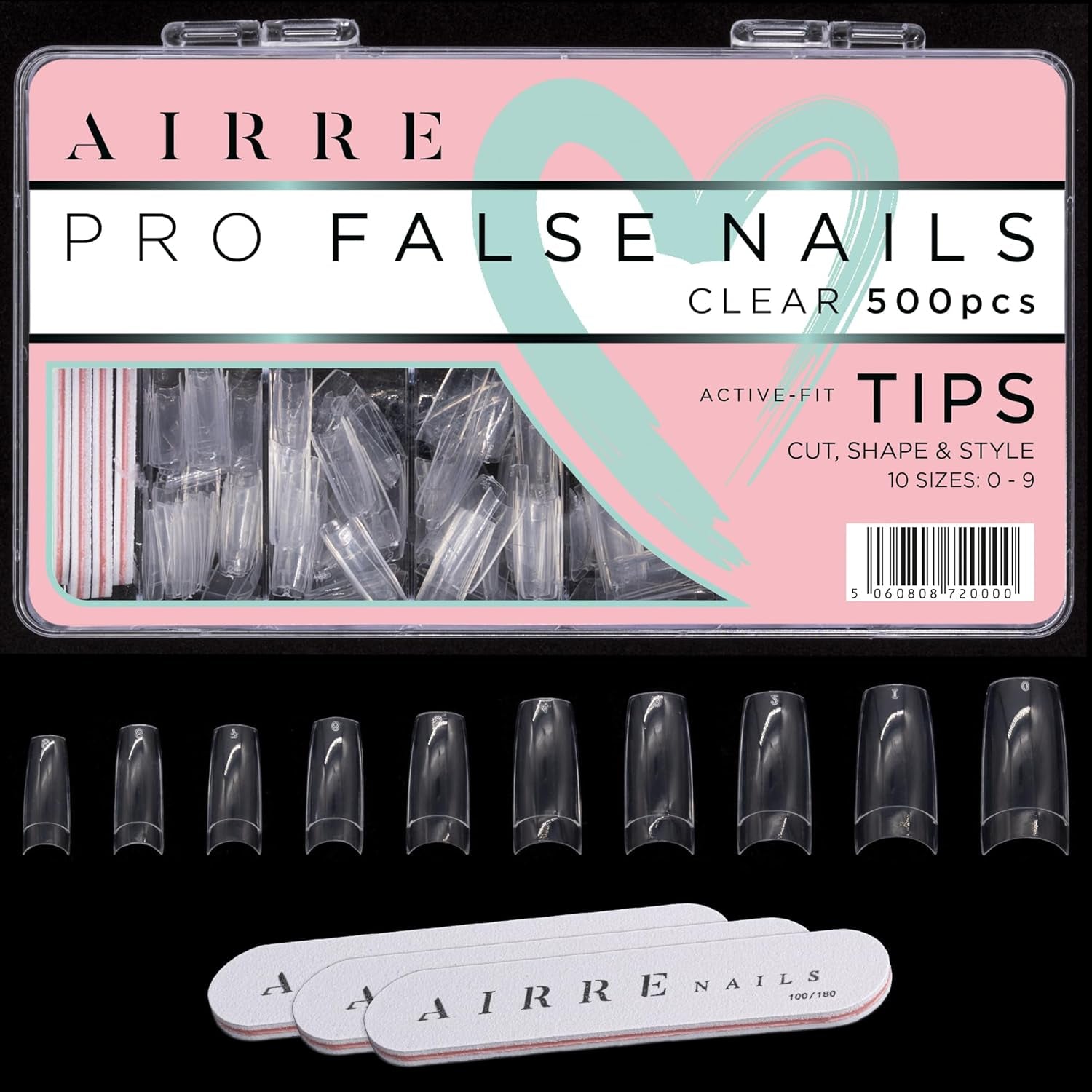 AIRRE 500 Unghii cu Gel Profesionale și 3 Pile cu Cutie - (10 Mărimi) Unghii False Semilună Franceze, Pentru Saloane și Uz Acasă, Tăiere, Pilire și Modelare, Gel UV/LED, Ojă și Nail Art (Natural)