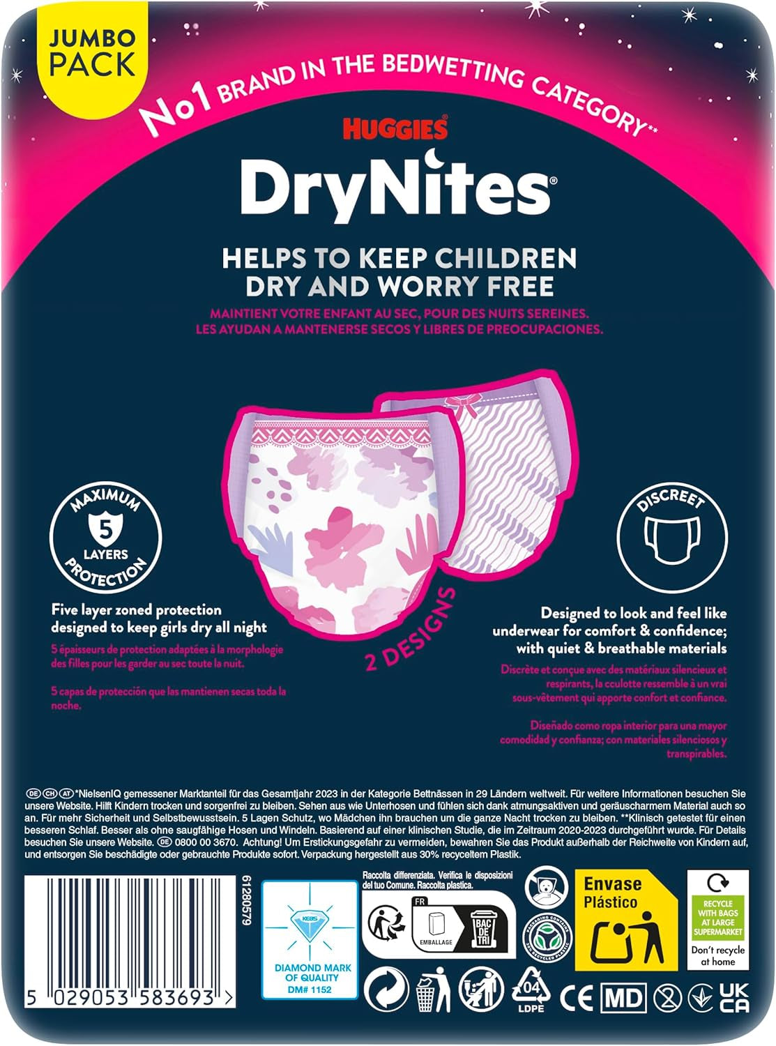 Huggies DryNites Pañales nocturnos para mojar la cama para niñas de 13 a aproximadamente 17 años (48-60 kg) 33 unidades (3 x 11) Paquete mensual gigante Calzoncillos de pañales XL