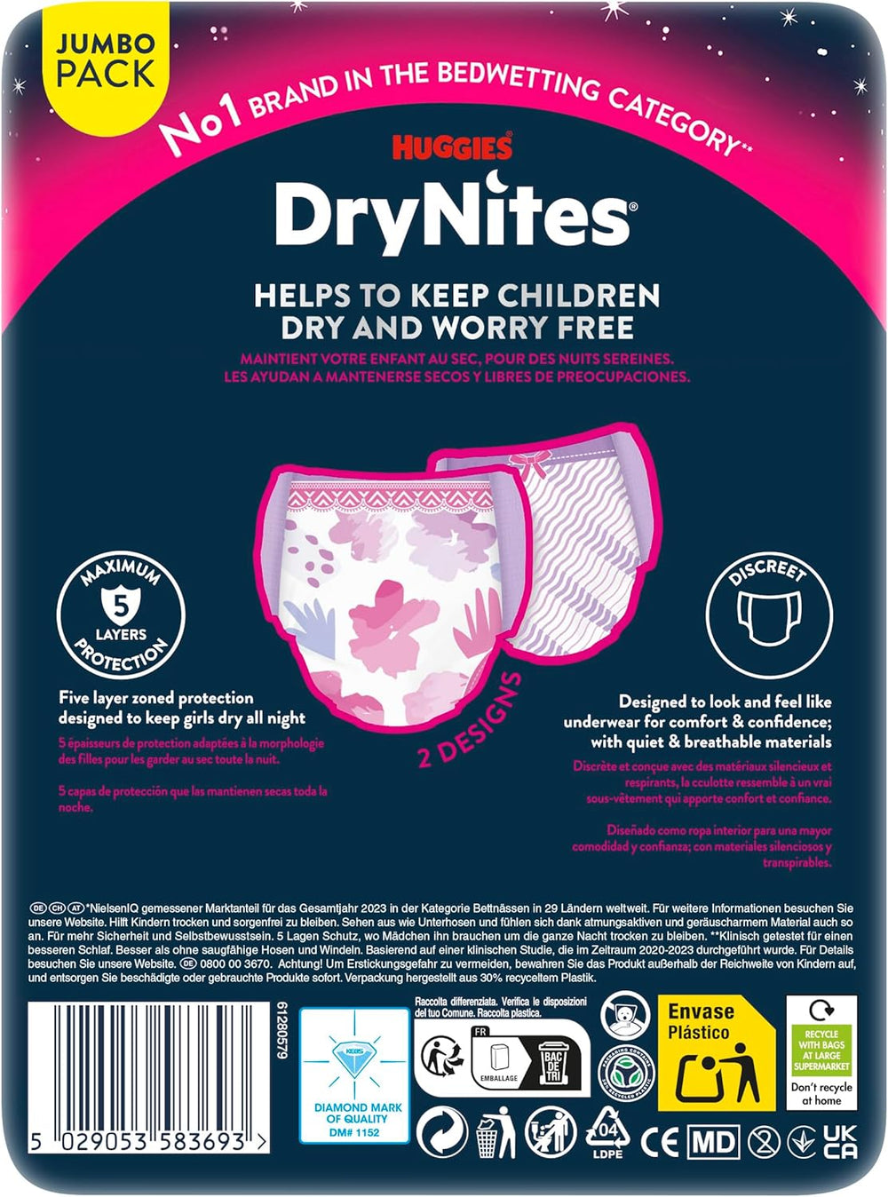 Huggies DryNites Pañales nocturnos para mojar la cama para niñas de 13 a aproximadamente 17 años (48-60 kg) 33 unidades (3 x 11) Paquete mensual gigante Calzoncillos de pañales XL