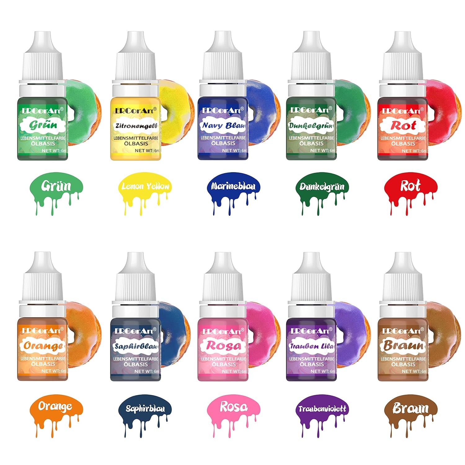 Colorant alimentar liposolubil - Ercorart 10 culori colorant alimentar pe bază de ulei, foarte concentrat, pentru ciocolată, unt de cacao, fudge, prăjitură cu ciocolată, glazură, înghețată etc., 6 ml/bucată