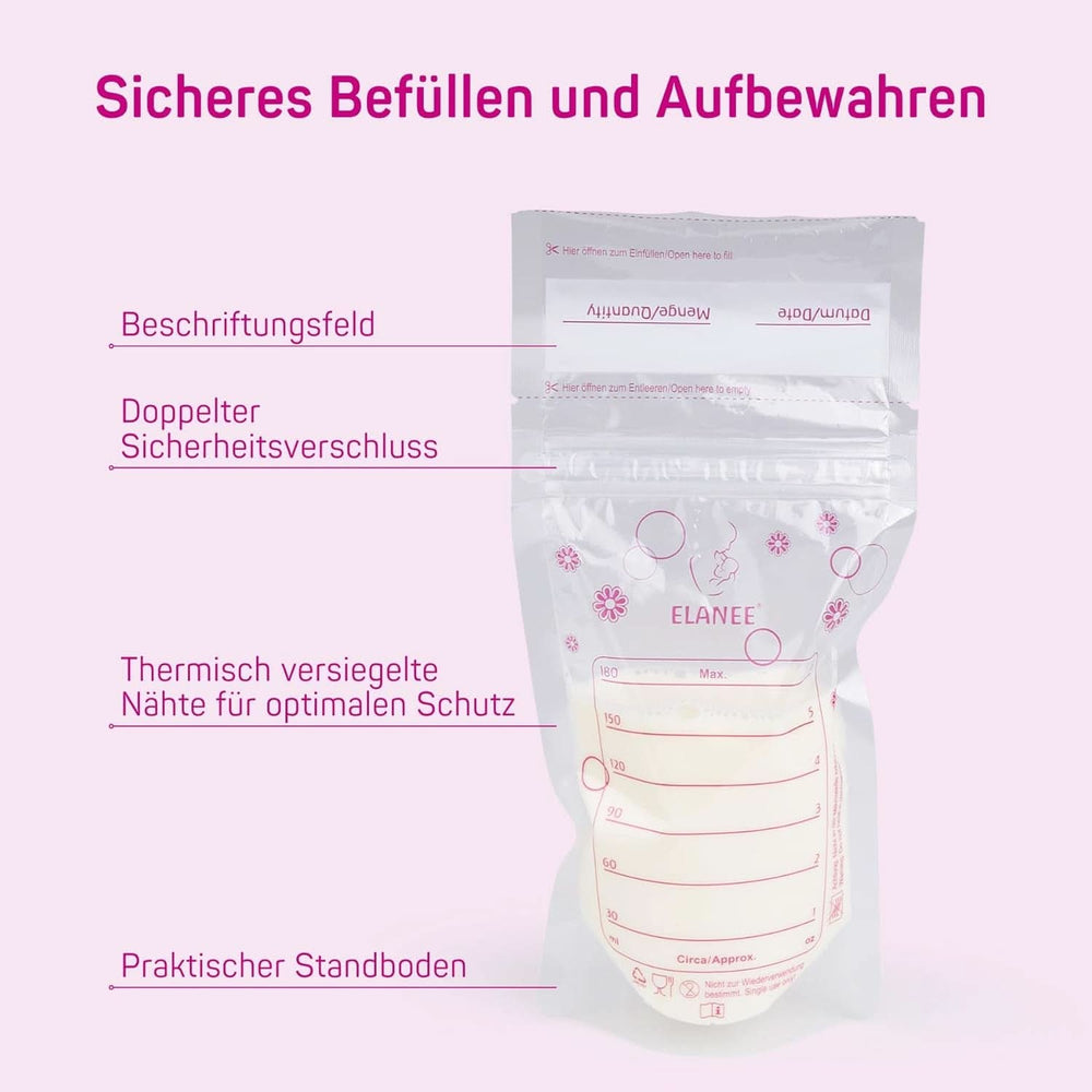 ELANEE Muttermilchbeutel, Aufbewahren & Einfrieren Von Muttermilch, Geschmackneutral Und Vorsterilisiert, Doppelter Sicherheitsverschluss, 20 Stück, Mit Standfuß (711-00) Alimentación infantil y accesorios de lactancia Naty Shop