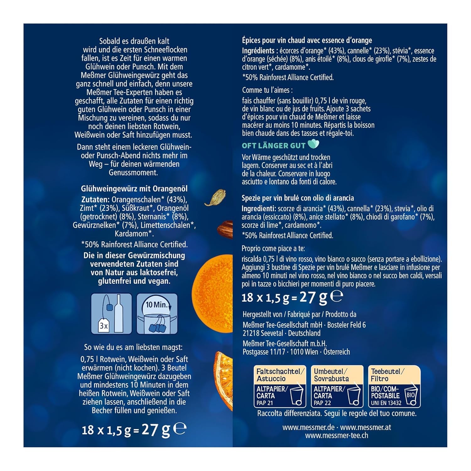 Meßmer Glühweingewürz | Para vino o jugo | 18 Teebeutel | Sin gluten | Vegano sin lactosa