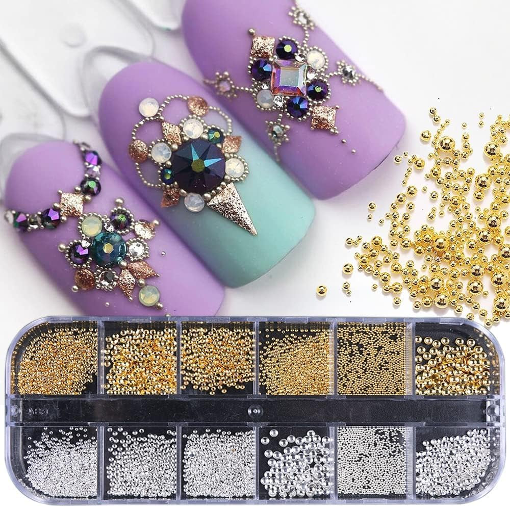 GZMAYUEN Nailart Perlen Micro Kaviar Für Nägel, 0.3-3Mm Goldene Silber Mini Kaviar Strasssteine, Weiß Beige Mini Nägel Perlen Mikroperlen Dekor Für Nägel