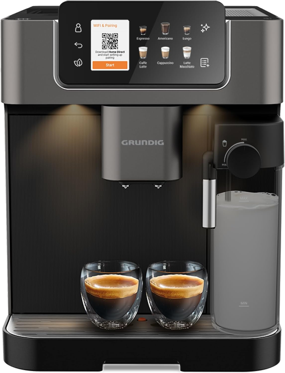 Espressor complet automat GRUNDIG KVA 6230 cu spumator de lapte, râșniță din oțel inoxidabil cu 13 setări de măcinare, recipient boabe 250 g, rezervor de apă detașabil de 2 litri, presiune pompă 19 bar, afișaj tactil, negru
